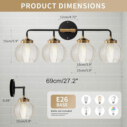 Bathroom Light fixtures 4-Lights Vanity Lights Over Mirror Mid Century Modern Wall Sconce Light with Clear Glass Globe Shade Vintage Black Gold Bath Wall Lamp for Living Room Cabinet
