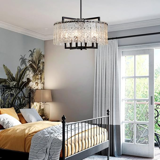 Shrine Lighting Crystal Chandeliers, Modern Luxury Style, Perfect Pendant Light Fixture for Living Space, D20'' × H4'', Adjustable 43'', 6 x E12 Sockets, Glass Shade & Black Finish Frame