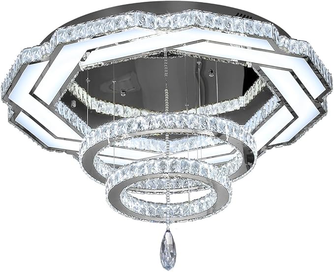 Flashing God 32in Crystal Ring Chandeliers for Living Room Flush Mount Ceiling Light for Bedroom Dining Room Hallway Dimmable LED 3 Rings Pendant Lighting