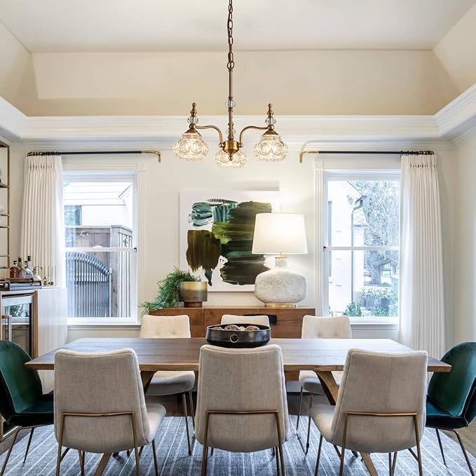 Vintage Pendant Light Fixture, Modern 3 Lights Brass Glass Pendant Lighting Matte Brushed Antique Chandelier Brass Finish with Crystal Glass Shade Vintage Chandeliers for Kitchen Island