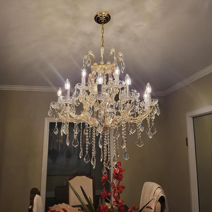 Modern Gold Chandelier Light Fixture - Large Maria Theresa Crystal Chandeliers for Dining Room, Kitchen Island, Living Room, Bedroom, 15 Lights, 2 Layers