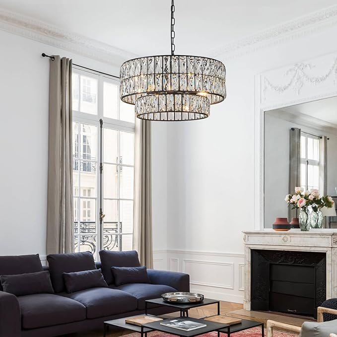 CATINER Black Crystal Chandelier 6-Lights Luxury Crystal Pendant Chandelier 20'' Drum Semi Flush Mount Ceiling Lights for Dining Room Foyer Living Room Bedroom Kitchen
