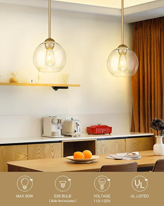 Emak 2 Pack Gold Pendant Light Fixtures, 8 Inch Globe Pendant Lights Kitchen Island with Clear Glass, Modern 1 Light Pendant Lighting for Kitchen, Bedroom, Bathroom, PL121-GD-2PK
