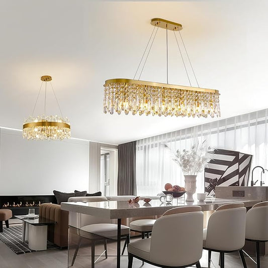 Siljoy Modern Crystal Chandelier for Dining Room, 12-Light Luxury Rectangle K9 Crystal Raindrop Chandelier, Dimmable Oval Crystal Pendant Ceiling Light for Living Room Kitchen Island L47 Inch