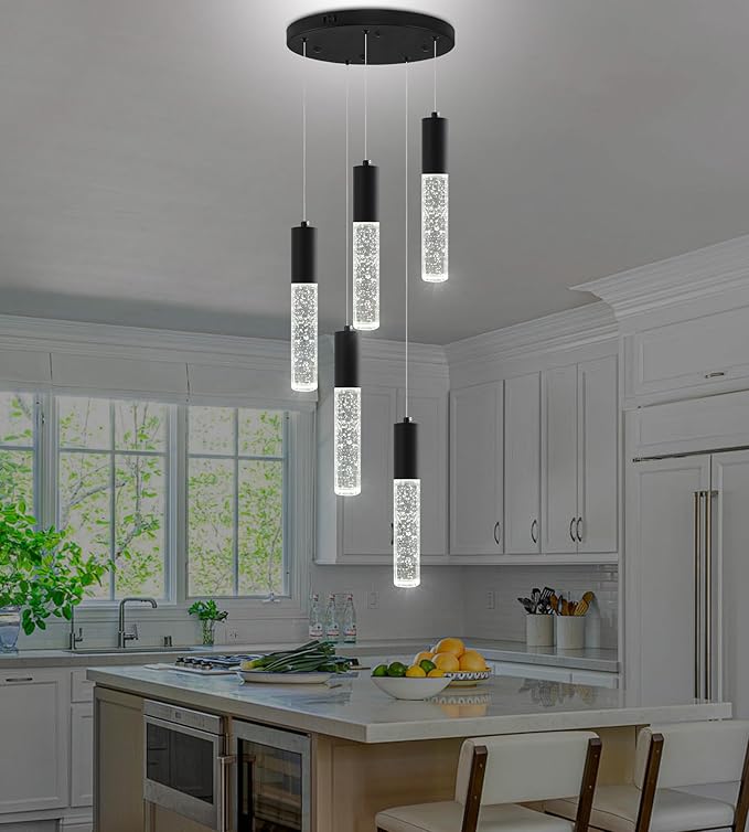 Modern Crystal Chandelier for Kitchen Island 5-Lights, Elegant Black LED Bubble Pendant Lighting Fixture for Dining Room Bedroom Entryway
