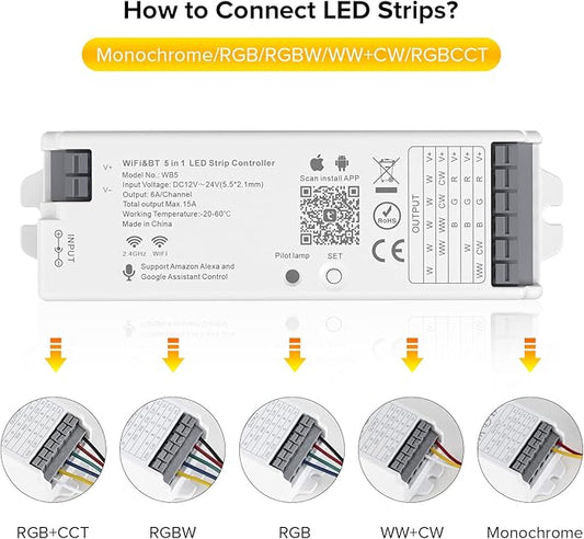 SEZO WB5 5in1 Tuya WiFi 2.4GHz PWM LED Controller for Dimming RGB RGBCCT RGBW LED Strip Compatible with Alexa/Google Home/Tuya Smart Life APP Control DC12-24V Work with RC03RF RC04RF RC01RF etc