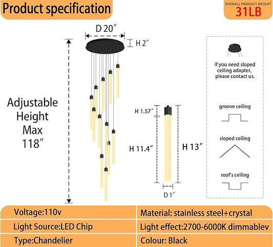 118'' Modern Crystal Column Chandelier for High Ceiling LED Dimmable Crystal Pendant Light Staircase Foyer Enterway Living Room Ceiling Chandelier Lighting Black 12 Lights