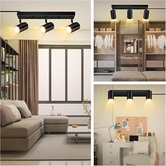 AUQUEE 3 Light Track Lighting Kit,Black 3 Way Modern Plug in Ceiling Spotlight,Industrial LED Wall Light for Kitchen Cabinet Gallery Bar Hallway Living Room,Rocker Switch,15 Foot Cord(No Bulb)