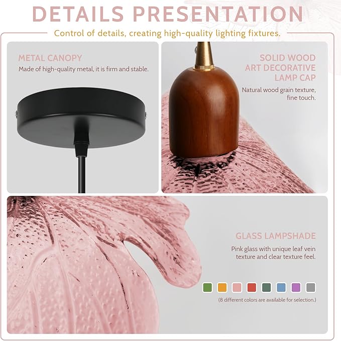 15.75" Pink Petal Glass Pendant Light Modern Hanging Ceiling Light Adjustable 59" Cord, E26 Base, Metal & Wood Finish for Dining Room, Living Room Kitchen