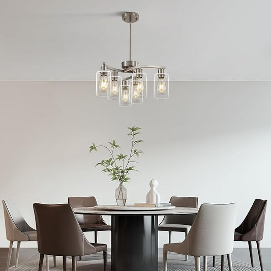 6 Light Modern Brushed Nickel Pendant Light Fixture for Dining Room,Kitchen Pendant Lighting Over Island,Adjustable Height Farmhouse Dining Chandeliers Over Table,with Glass Shade