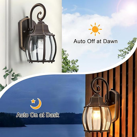 Dusk to Dawn Outdoor Wall Light in Oil Rubbed Bronze with Gold Rim 2-Pack Wall Lamp Outside Sensor Exterior Light Fixtures Wall Mount Porch Light E26 Exterior Wall Sconces for House Garden