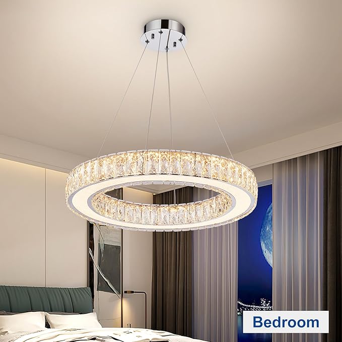 Depuley Modern LED Crystal Chandeliers: 23.6" Ring Chandelier Hanging Crystal Ceiling Light Fixture - 50W Adjustable Height Pendant Light for Living Room Dining Room Bedroom Foyer