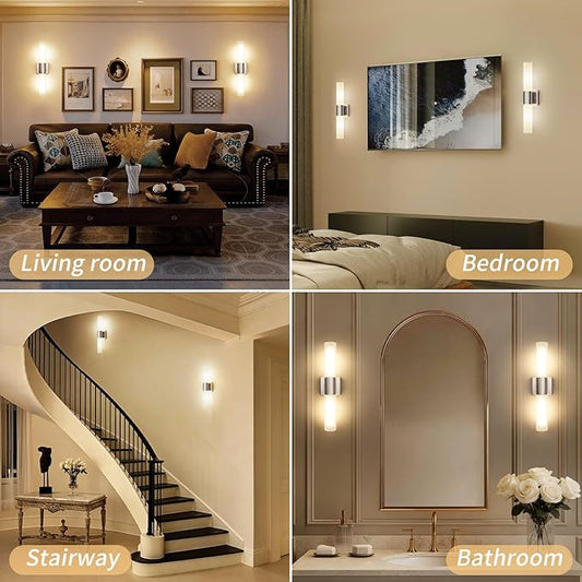 Bathroom Wall Sconces Set of Two, 21 Inch Modern Vanity Lights with Frosted Glass Shade, Bathrooms Vanity Lighting Fixtures for Mirror Bedroom Living Room Hallway (Silver)