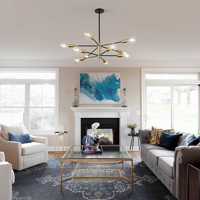 Sputnik Chandeliers Modern Black and Gold Chandeliers 10-Light Mid Century Farmhouse Chandelier Ceiling Light Fixture Height Adustable Pendant Light for Kitchen Island Living Room Dining Room