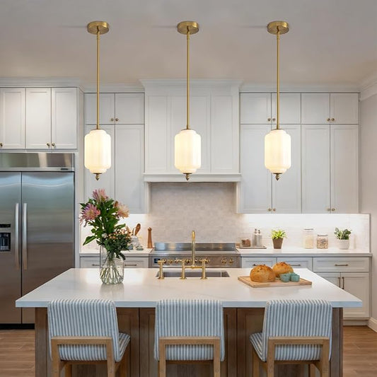 Vintage Milk Glass Pendant Lights 5.5 Inch Mid Century Brass Hanging Ceiling Light, Small Adjustable Height Kitchen Island Hanging Lights for Dining Room, Kitchen, Hallway and Bedroom, E12 Base