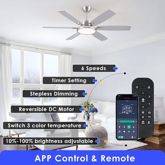 Hounberi Ceiling Fans with Lights, 52 Inch Brushed Nickel Ceiling Fan with Light and Remote Control, 3CCT, 6 Speeds, Quiet Reversible DC Motor, Dimmable, Ceiling Fan for Bedroom, Patio, Living Room