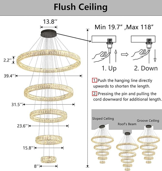 HAIXIANG 5-Rings Modern Chandelier with LED Dimmable Lights Crystal High Ceiling Chandeliers Lighting for Living Room Foyer Entryway Luxury Indoor Light Black Fixtures