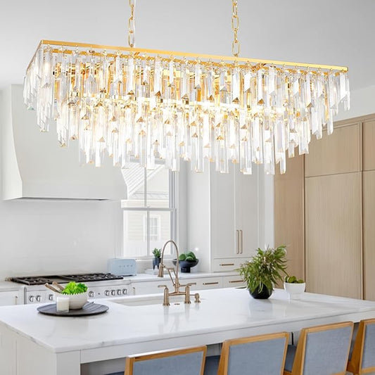 Modern Gold Rectangle Chandelier, 10 Lights Linear Luxury Crystal Chandelier Top K9 Crystal Rectangular Ceiling Pendant Light Fixture for Dining Room Kitchen Table Living Room