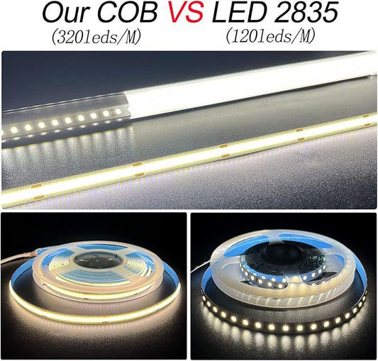 HAMRVL COB LED Strip Lights Ice Blue, DC12V 16.4ft/5M 320leds/M CRI90 Bright Flexible LED Tape 8mm, for Indoor Home Cabinet, Bedroom, Kitchen, Stage, Backlight DIY Lighting(Without Power Supply)