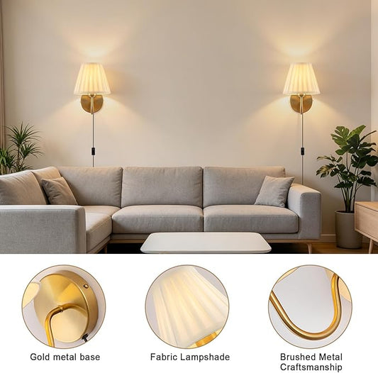 Plug in Wall Sconces Set of Two, Fabric Shade Wall Light with On/Off Switch, Plug in Wall Mount Lamps Wall Decor Set of 2, Gold Sconces Wall Lighting Fixture for Bedroom Bedside Living Room Porch