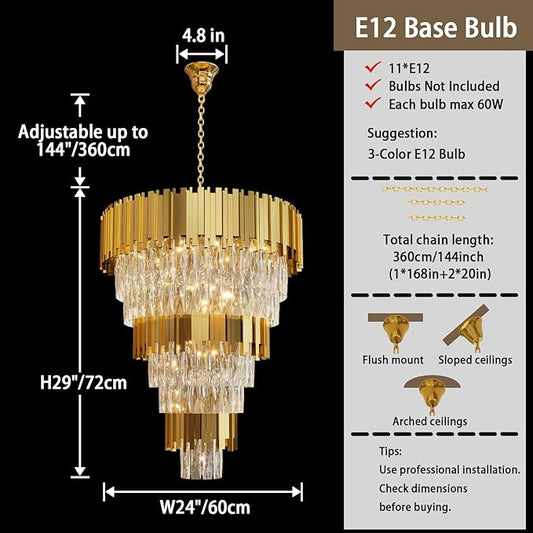 Modern Tier Crystal Chandelier for High Ceiling Luxury 8-Tier Round Chandeliers 11-Light Large Gold Crystal Chandelier for Entryway Adjustable Height D24in