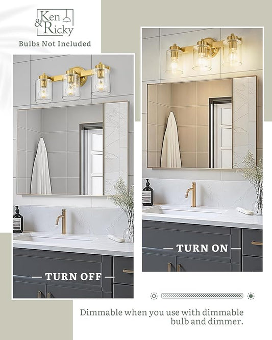Ken & Ricky Brushed Gold Wall Sconce Light, 3 Light Modern Fixture for Bathroom, Vanity Mirror Light Kitchen Living Room Hallway, E26 Bulb Base Clear Shade
