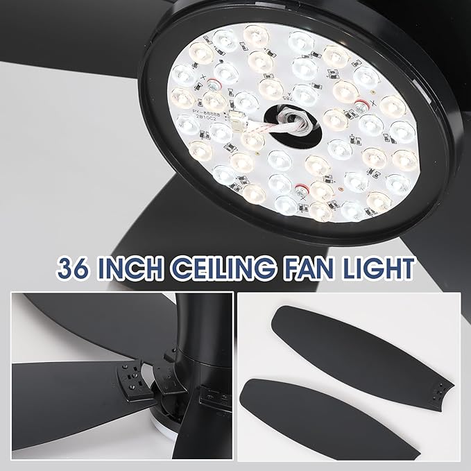 Surtime 42" Ceiling Fans with Lights-Low Profile Ceiling Fan with Light and Remote Control,Flush Mount,DC Reversible,LED Dimmable Blakc Ceiling Fans for Bedroom,Indoor/Outdoor Patio Use