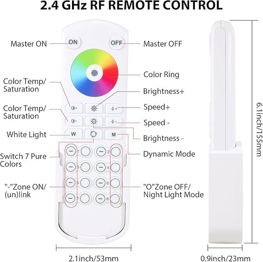 RC05RF RF Remoter, 8-Zone 2.4G Handheld Remote Control Work with RGBCCT RGBW CCT RGB LED Controller (WB5/LM052/LM053), 500ft Wireless Control / 4 Channel Group Control for Home LED Strip Lights