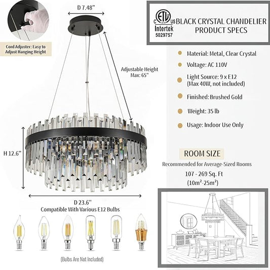 Modern Luxury Black Crystal Chandelier, 9-Light 2-Tier Round Raindrop Adjustable Flush Mount Pendant Light for Dining Room,Living Room,Kitchen,Entryway, Foyer - 23.6" D, E12 Base