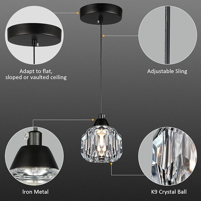 Weesalife Crystal Chandeliers for Dining Room Lights Fixture Over Table, 1-Light Black Modern Pendant Light Fixture,Crystal Pendant Lighting for Kitchen Island Bathroom Bar