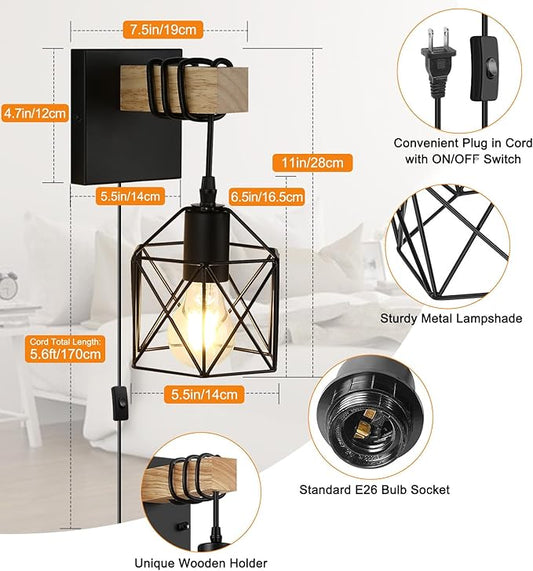 Lightess Plug in Wall Sconces Set of 2 with On/Off Switch, Industrial Wall Lights Metal Cage Lampshade, Black Farmhouse Wall Mounted Lamp for Bedroom Living Room