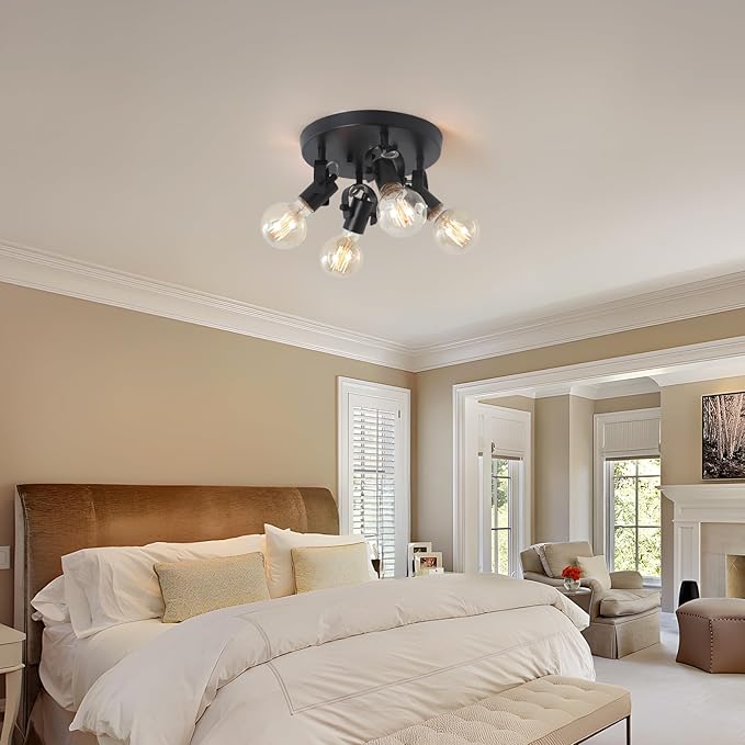 4-Light Kitchen Ceiling Spotlight,Multi-Directional Track Lighting Fixtures Ceiling with Open No Shade Design, Black Ceiling Light for Kitchen Island, Sink,Dining Room, (E26, Bulb Not Included)