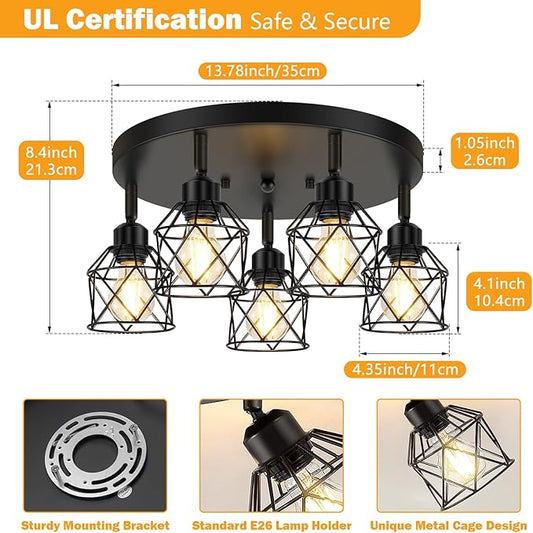 Baocuz 5-Light Adjustable Kitchen Light Fixtures, Multi-Directional Black Ceiling Light Fixtures, Semi Flush Mount Ceiling Light, Vintage Metal Cage Spotlight Fixture for Hallway Dining Room Entryway