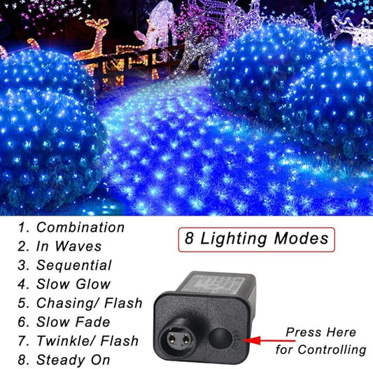 Blue Net Lights, 360 LED Christmas Net Lights Outdoor, 21ft x 5ft Large Net Mesh String Lights, 8 Modes Twinkle String Lights Connectable Plug in for Bushes Christmas Hedge Yard Garden Party Decor