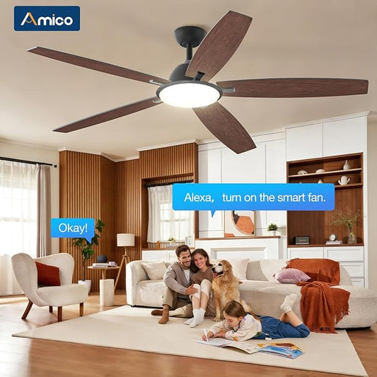 Amico Ceiling Fans with Lights, 60 inch Smart Ceiling Fan with Remote/APP/Alexa Control, Reversible DC Motor, 5 Blades, 6 Speeds, 3CCT, Dimmable, Noiseless, Ceiling Fan for Farmhouse, Bedroom, Brown