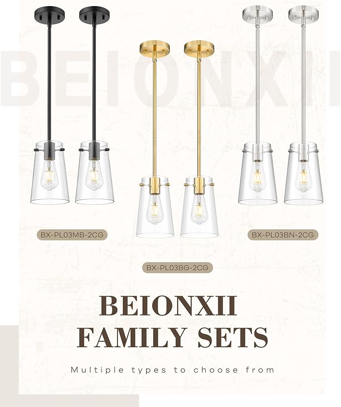 Beionxii Pendant Lights Kitchen Island 2 Pack, Brushed Nickel Hanging Lights Fixtures with Clear Glass, Kitchen Pendant Lighting Over Island, Hanging Lights for Sink Dining Room Entryway BX-PL03BN-2CG