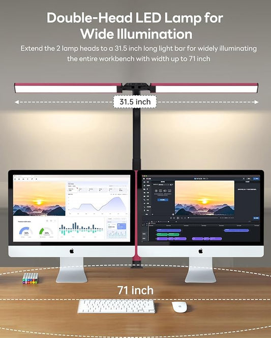 LED Desk Lamp for Home Office, Eye-Caring Desk Light with Clamp, Stepless Dimming 24W Double Head Architect Task Lamp with Remote Control, Flexible Arm for Working Studying Reading Drafting(RED)