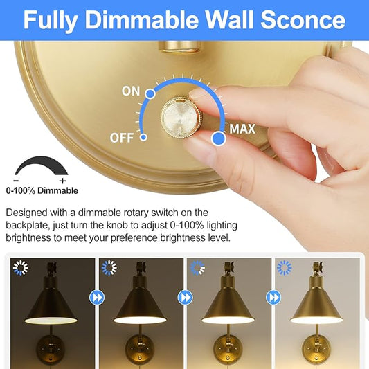 TRLIFE Wall Sconce Plug in, Brushed Brass Dimmable Wall Sconce Swing Arm Wall Lights Plug in Wall Mounted Light with 6FT Plug in Cord, E26 Base, UL Listed(1 Pack)