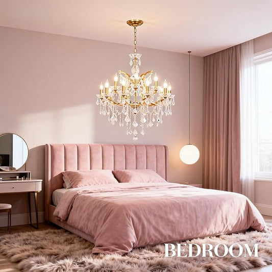 Antique Gold Crystal Chandeliers, Luxury Polished Golden Bronze Candle Pendant Ceiling Light Fixture, 15 Lights Golden Crystal Chandelier for Dining Room Living Room Bedroom Foyer