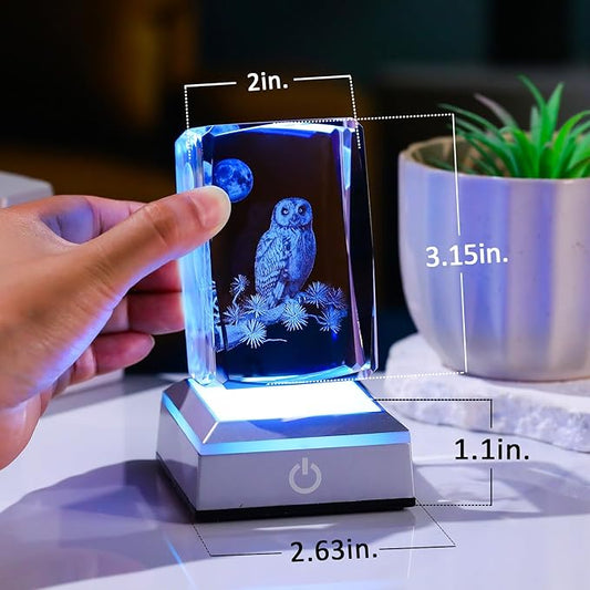 3D Laser Etched Crystal Owl Night Light - Color-Changing LED Base, K9 Crystal Paperweight & Home Decor Gift for Owl Lovers - 3.15inch