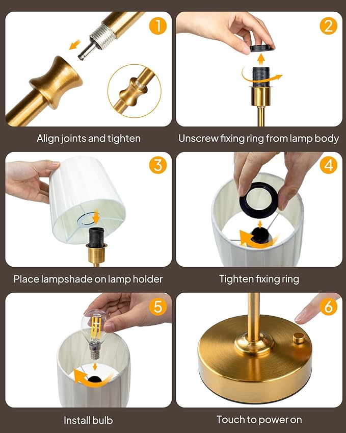 EppieBasic Cordless Table Lamp Rechargeable: Fast Charging & Long Lasting - 2700K Warm Light Small Vintage Gold Lamps -Bedside Dinning Living Room Bedroom - Pleated Shade