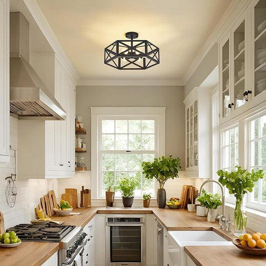 Modern Semi Flush Mount Ceiling Light with Remote Control,19.7" 6-Light Hexagon Flush Mount Ceiling Lights for Dining Room Light Fixture,Farmhouse Kitchen Island Lighting Fixtures for Hallway