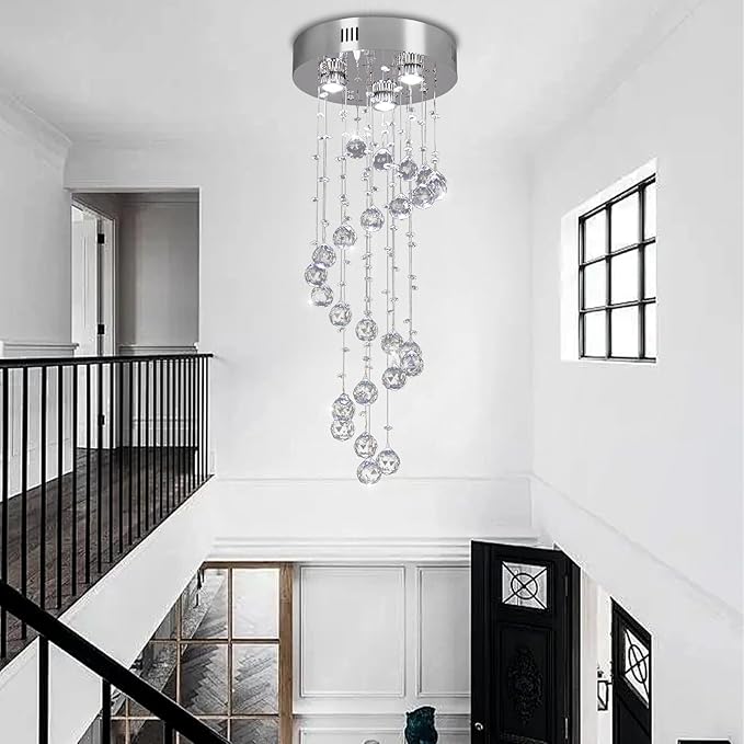 FRIXCHUR Spiral Flush Mount Chandelier Modern Raindrop Crystal Pendant Light for High Ceilings K9 Crystal Ball Chandeliers for Dining Room Bedroom Stair D11.8 H35.4