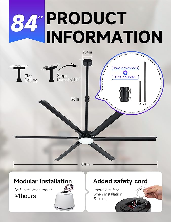 84In Large Ceiling Fan with Black Aluminum Blades,Industrial Ceiling Fan with Dimmable Light,12"/24" Downrod,Extension Coupler,6 Speed,Noiseless DC Motor Indoor Outdoor Covered Patio,Commercial
