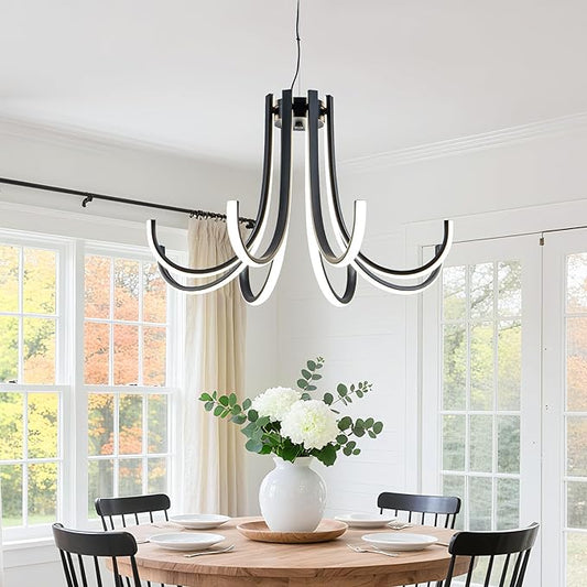 Mayful 8-Light Black Modern Chandelier with Remote Control, Dimmable LED Kitchen Island Light, 3-Color Adjustable Height Pendant for Dining Room Kitchen Office,64 Inch