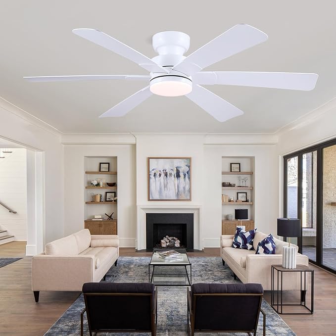52" Low Profile Ceiling Fans with Lights and Remote, White Indoor Ceiling Fan Light with Quiet Reversible DC Motor,Modern Flush Mount Ceiling Fans with Dimmable LED for Bedroom Kitchen