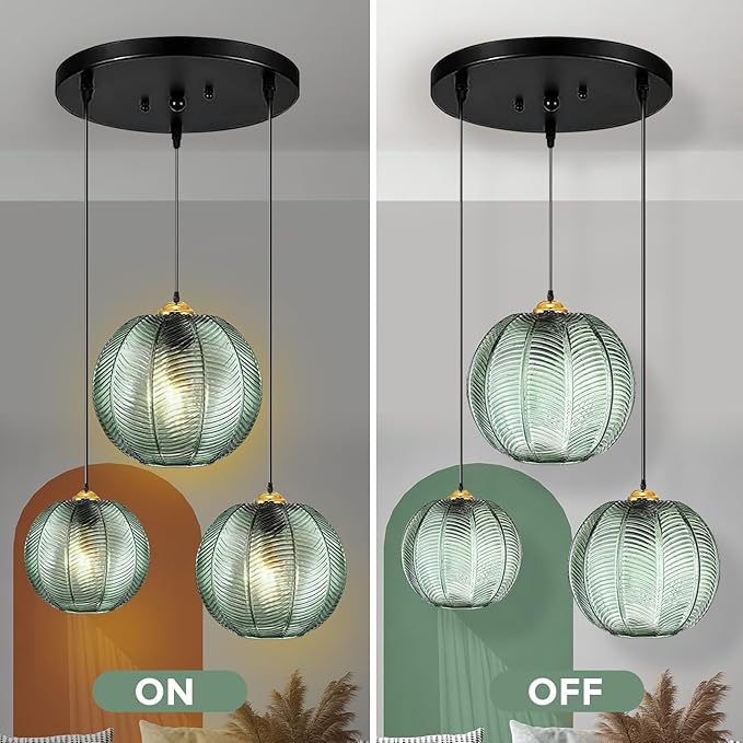 Green Pendant Light, 3 IN 1 Large Glass Pendant Light Fixtures E26 E27 Mid Century Modern Chandelier Ribbed Blown Glass Globe Shade Hanging Light Ceiling Light for Living Room Restaurant Bar,Blue