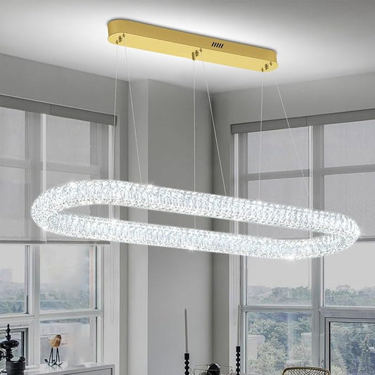 LED Crystal Ring Chandelier, 47.2'' Gold Crystal Ring Pendant Light for Kitchen Island Modern Linear Oval Chandeliers for Dining Room Dimmable 3000K-6000K