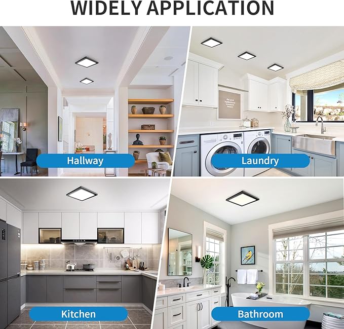 mw 7 Inch Square Black Ceiling Light, 12W, 120V, 3000K/4000K/5000K, Dimmable Slim LED Ceiling Lights, Close to Ceiling Light Fixtures for Bedroom, Hallway, Laundry, ETL Listed, Each Side is 6.38"