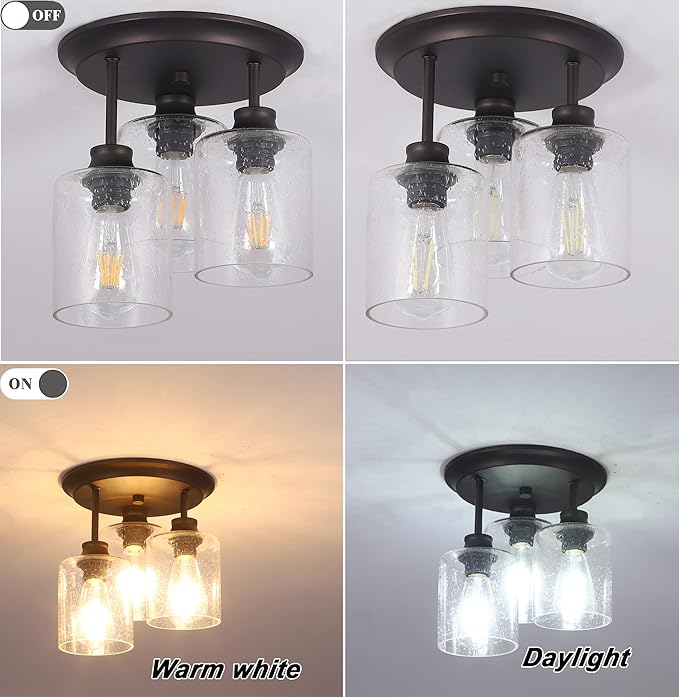 Semi Flush Mount Ceiling Light with Seeded Glass Shades for Kitchen Hallway and Dining Room, 3-Lights Rustic Ceiling Light Fixtures in Oil Rubbed Bronze.
